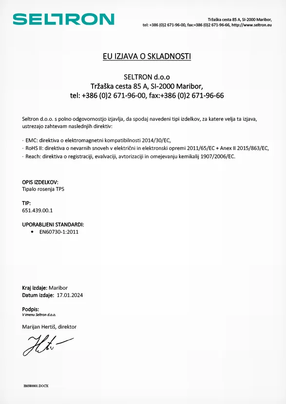 Eu izjava o skladnosti tipalo rosenja