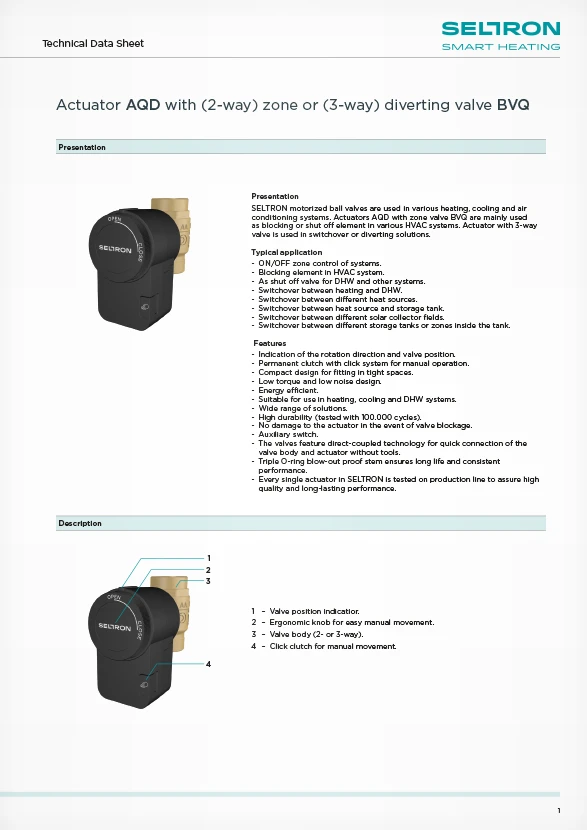 Actuator aqd with zone or diverting valve bvq technical data sheet